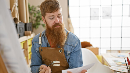 Focused redhead man intensely immersed in drawing at a bustling art studio, a young artist with...