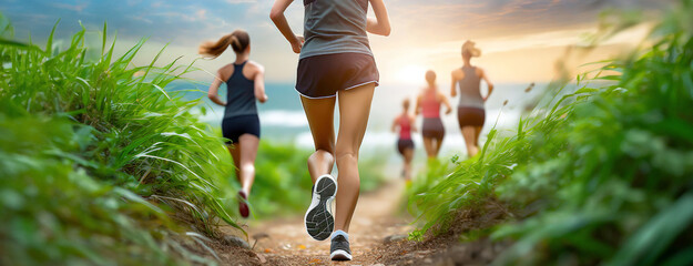 Group of people jogging on a rural path, vitality and motion. Fitness enthusiasts embrace outdoor...