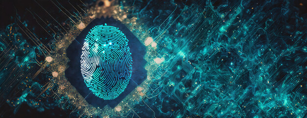 Biometric Data Streams Across a Digital Interface. Cyber fingerprint offers secure access technology. Identification through digital imprint, cyber security. Panorama with copy space. - obrazy, fototapety, plakaty