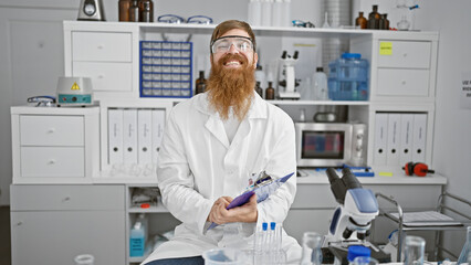 Handsome redhead male scientist working with a smile, young man captures notes indoors at medical lab, mastering scientific analysis immersed in experiment behind safety glasses - obrazy, fototapety, plakaty