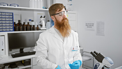 Relaxed yet serious-faced, young redhead male scientist, amped about a groundbreaking experiment in...