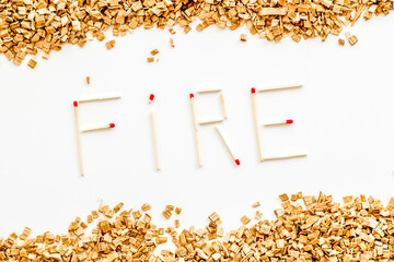 Fire word from matches into kindling frame on white background top view