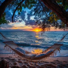 Obraz premium Comfy hammock in boho style, twilight seascape, gentle evening glow , 8K , high-resolution, ultra HD,up32K HD