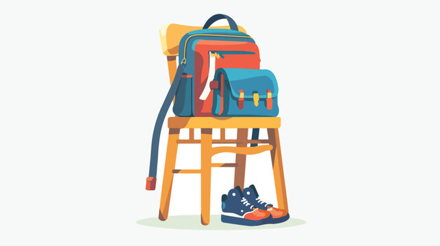 School bag on chair with shoe Flat vector isolated on