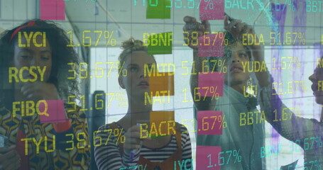 Image of financial data processing over diverse business people in office