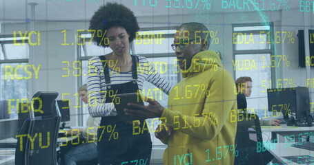 Image of financial data processing over diverse business people in office