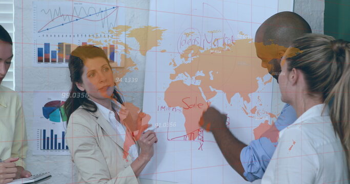 Image of world map with data processing over diverse business people having meeting at office