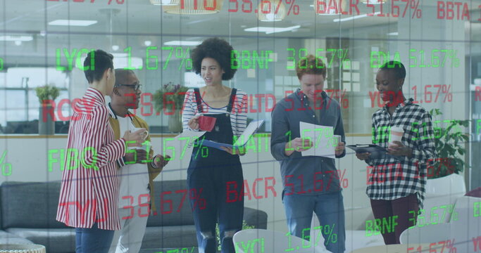 Image of stock market data processing over team of diverse colleagues discussing at office