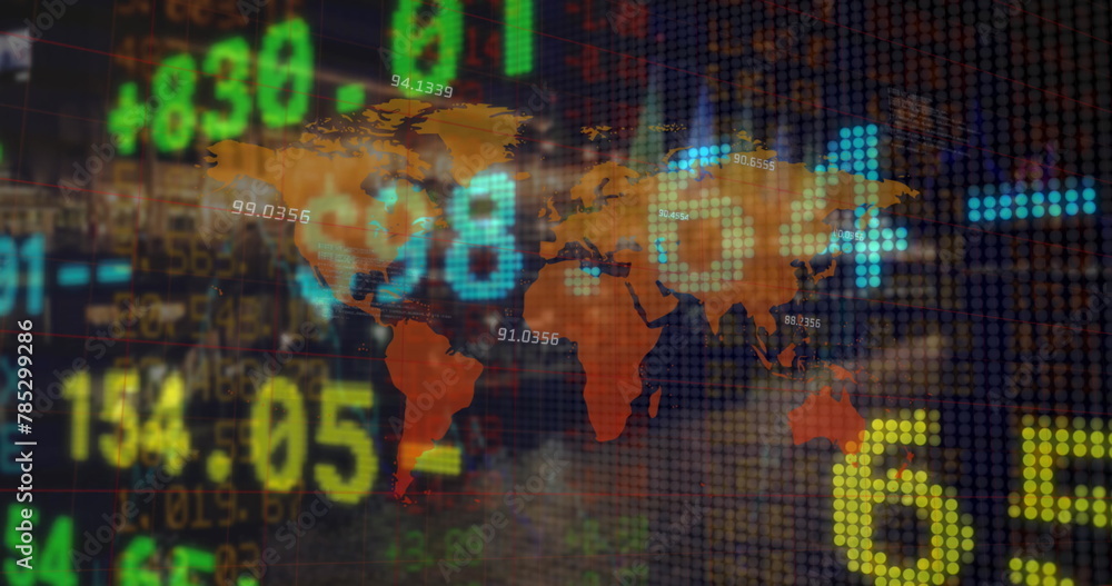 Poster image of stock market data processing and numbers floating over world map on grey background