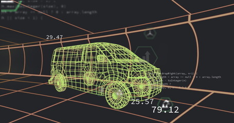 Image of digital car interface and data processing over 3d model of car