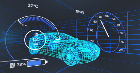 Naklejka premium Image of digital car interface and data processing over 3d model of car