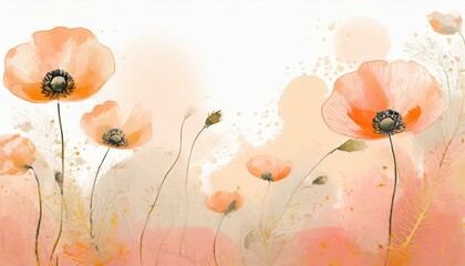 Peach fuzz wallpaper with poppies. Flower meadow, delicate plant motifs