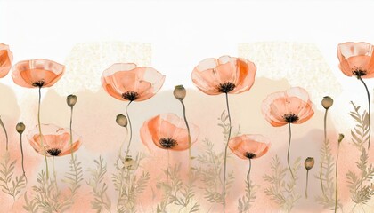 Peach fuzz wallpaper with poppies. Flower meadow, delicate plant motifs