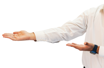 Man Pointing with Both Hands on the Left side, transparent PNG. A person wearing a white shirt and smartwatch pointing on the side.