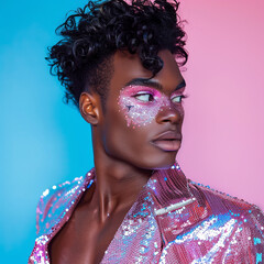 Black gay transgender man with glitter makeup. Studio photo in fashion style on a pink-blue background..