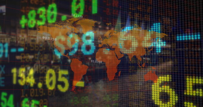 Image of stock market data processing and numbers floating over world map on grey background