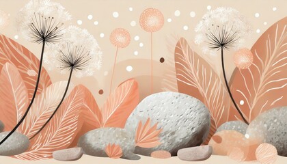 Background, wallpaper with dandelion flowers, stones, plants and leaves in peach fuzz color. Flower meadow - 785299427