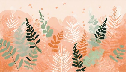 Background, peach fuzz wallpaper with plant motifs, leaves, ferns, flowers - 785299436