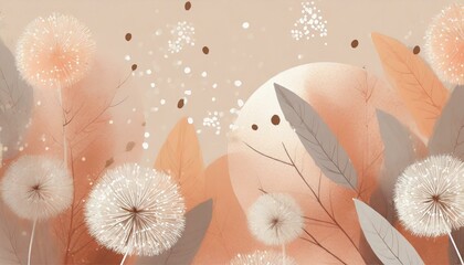 Background, wallpaper with dandelion flowers, stones, plants and leaves in peach fuzz color. Flower meadow - 785299437