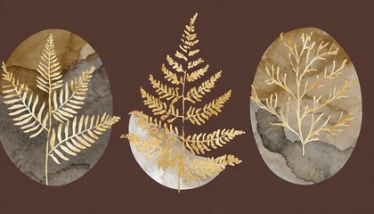 Tło, tapeta ze złotymi liśćmi paproci na brązowym tle. Grafika z delikatnym motywem roślinnym - 785299457
