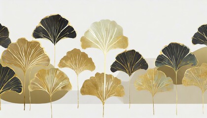 Illustration with golden ginkgo leaves. Delicate plant pattern, wallpaper, background - 785299461