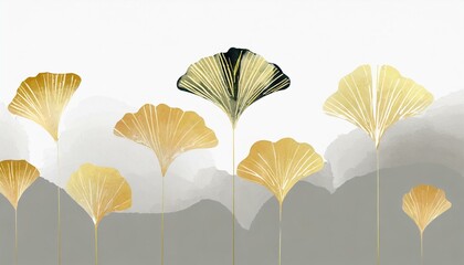 Ilustracja ze złotymi liśćmi miłorzębu. Delikatny wzór roślinny, tapeta, tło - obrazy, fototapety, plakaty