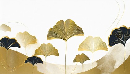 Illustration with golden ginkgo leaves. Delicate plant pattern, wallpaper, background - 785299464