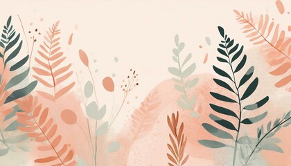 Tło, tapeta w kolorze peach fuzz z motywami roślinnymi, liśćmi, paprociami, kwiatami