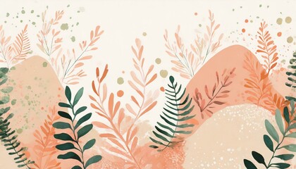 Fototapeta na wymiar Background, peach fuzz wallpaper with plant motifs, leaves, ferns, flowers