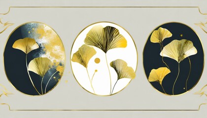 Ilustracja ze złotymi liśćmi miłorzębu. Delikatny wzór roślinny, tapeta, tło - 785299475