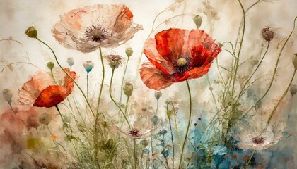 Background, peach fuzz wallpaper with poppies. Flower meadow, delicate plant motifs - 785299477