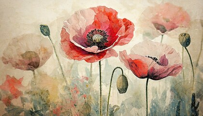 Background, peach fuzz wallpaper with poppies. Flower meadow, delicate plant motifs - 785299486