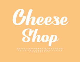 Vector marketing logo Cheese Shop with white cursive Font. Elegant Alphabet Letters and Numbers set.