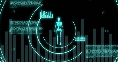 Image of data processing with scope scanning and human skeleton on black background