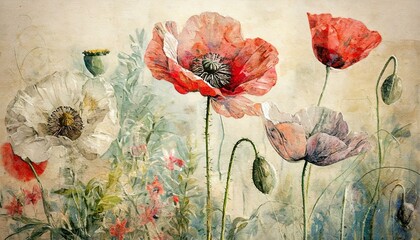 Background, peach fuzz wallpaper with poppies. Flower meadow, delicate plant motifs - 785299494