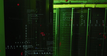 Image of binary coding data processing and symbols against computer server room