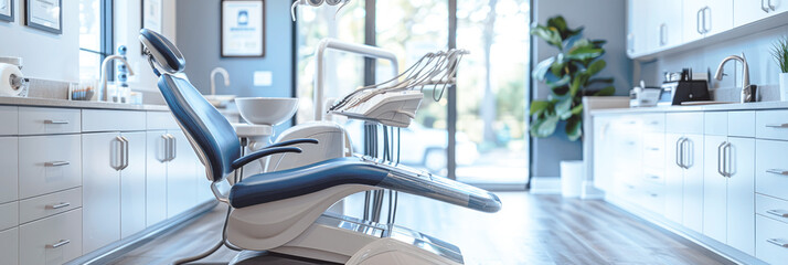 Image for a dental clinic website, advertising dentist services. The high tech dental chair positioned at the center, surrounded by sleek, state-of-the-art dental equipment. 