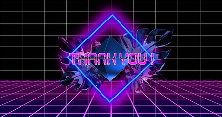 Naklejka premium Image of interference over neon shapes with thank you text, leaves and lines on black background