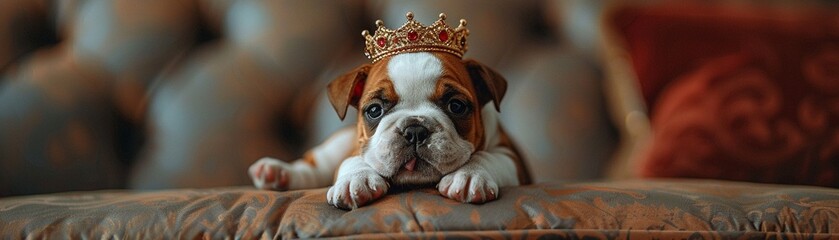 Tiny bulldog puppy in a crown, on hand, whitegrey, concrete backdrop, comedic invite concept  , 8K , high-resolution, ultra HD,up32K HD