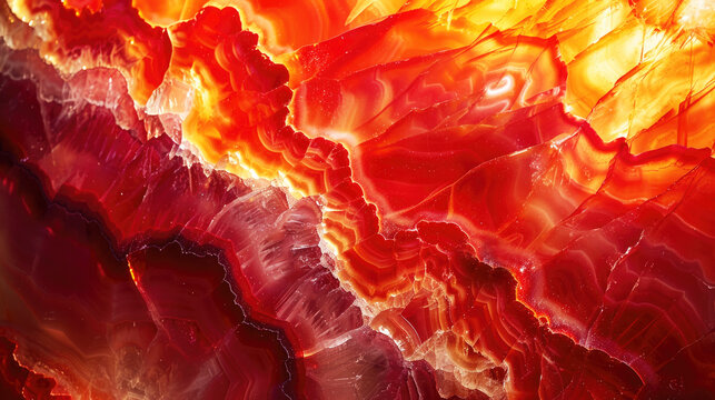 A macro image of a carnelian surface, showcasing its deep reds and oranges, detailed textures, light interacting with its semi-transparent qualities. 