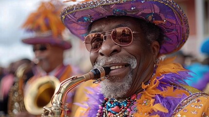 Mardi Gras in New Orleans: Colorful snapshots of the flamboyant costumes, masked revelers, brass bands, and bead-throwing parades during Mardi Gras festivities in New Orleans, Louisiana, capturing the - obrazy, fototapety, plakaty