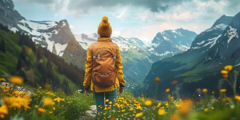 A Solitary Hiker Embarks on an Eco Tourism Adventure Amid the Majestic Mountain Landscapes and Verdant Meadows Capturing the Essence of Unfettered