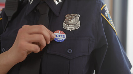 A close-up of a police officer attaching a 'voted today' sticker to their uniform, symbolizing...