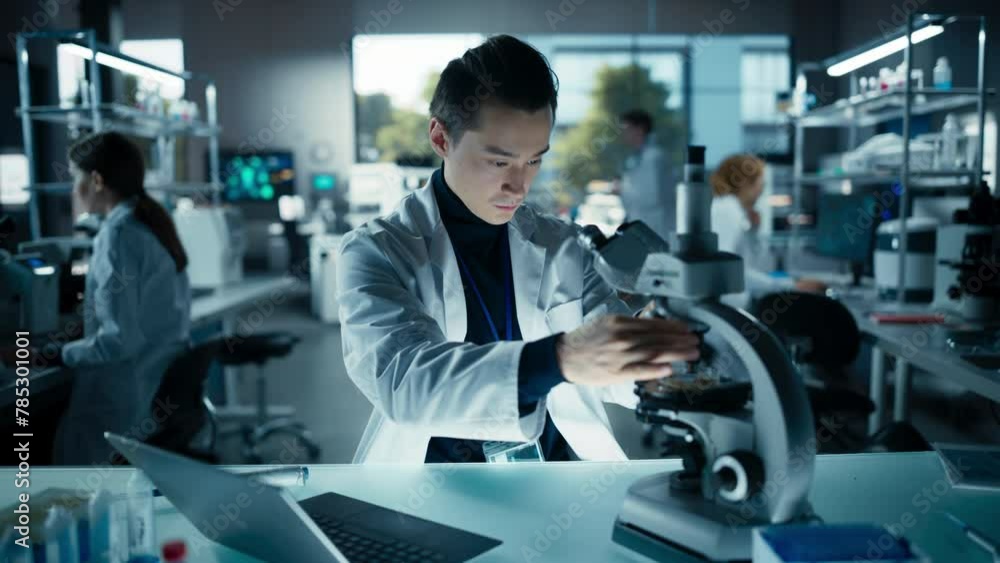 Fototapete Biology Research Scientist Applying a Molecular Sample with a Micro Pipette and Researching Under a Microscope in a Science Laboratory. Young Lab Engineer in White Coat Working on Vaccine Products