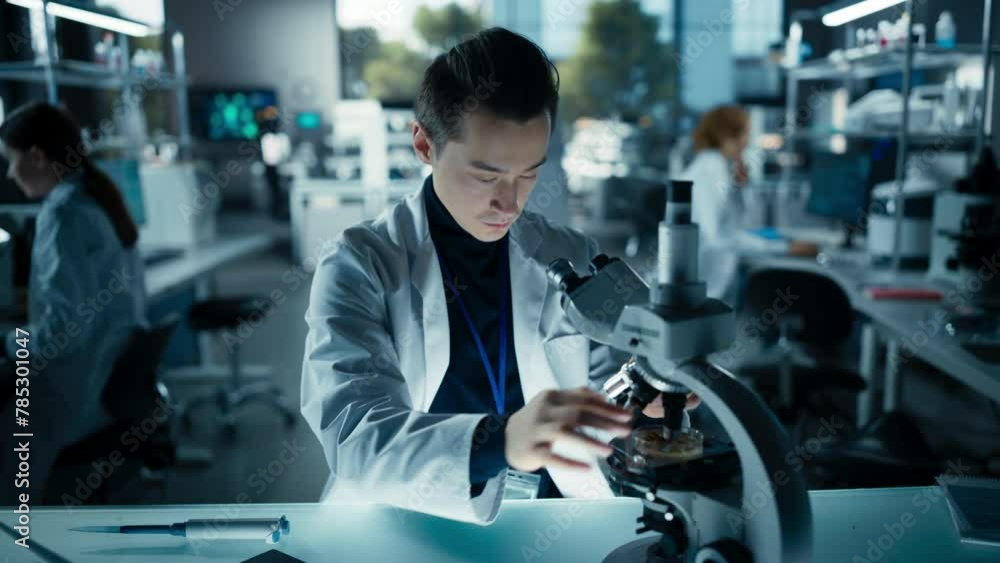 Poster genetic research and development laboratory: young science student working on a computer and looking