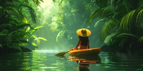 Solitary Canoe Journey Through the Lush Amazon Rainforest Wilderness - obrazy, fototapety, plakaty