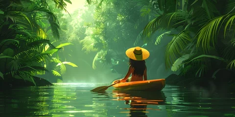 Foto auf Leinwand Solitary Canoe Journey Through the Lush Amazon Rainforest Wilderness © Thares2020