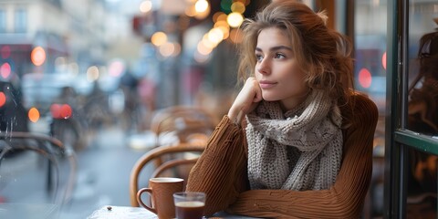 Woman Sipping Coffee in a Cozy Parisian Caf Enjoying a Moment of Tranquil Contemplation