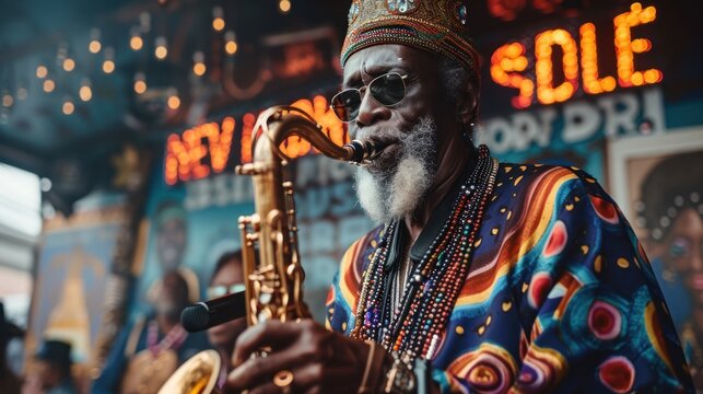 Mardi Gras in New Orleans: Colorful snapshots of the flamboyant costumes, masked revelers, brass bands, and bead-throwing parades during Mardi Gras festivities in New Orleans, Louisiana, capturing the
