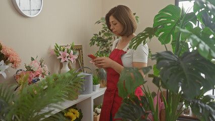 A hispanic woman in a florist shop surrounded by colorful flowers and green plants, texting on her...